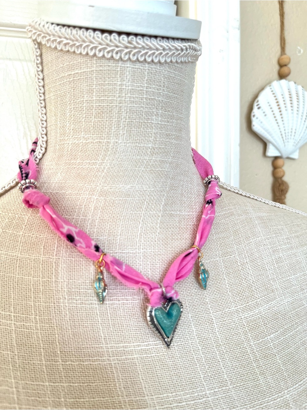 Pink Scarf Necklace with Turquoise Heart and Shell Charms - Picture 3 of 9